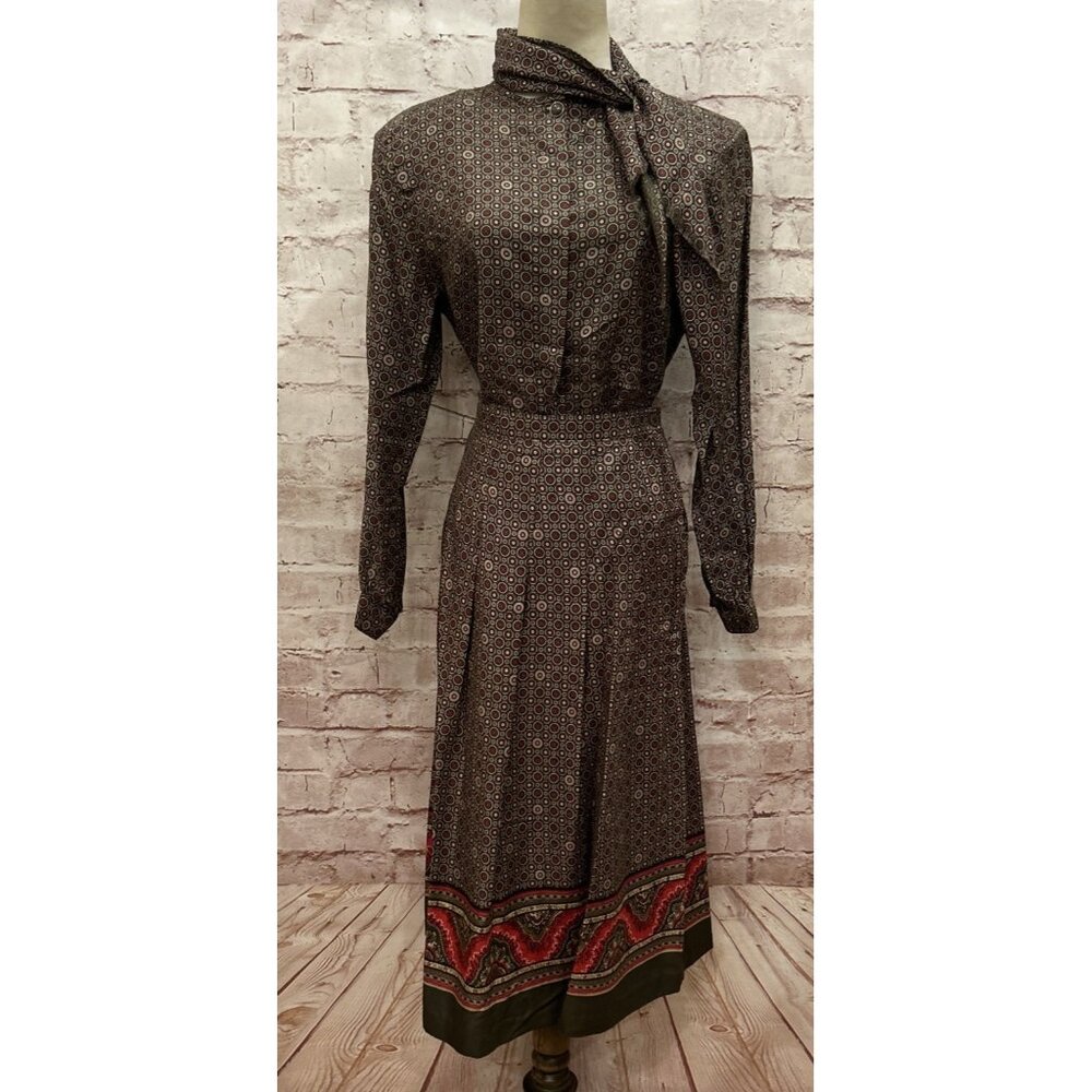 Vintage Leslie Fay Sportswear 2 pc Dress 8 Petite Blouse + Pleated Skirt / Scarf
